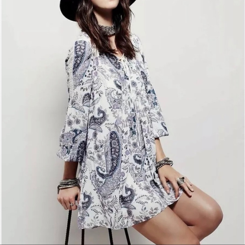 Free People Rain Or Shine Lace Up Long Sleeve Mini Dress Ivory Comb Size Small